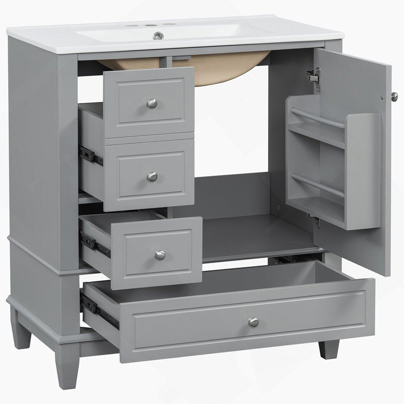 Meuble-lavabo 30 po avec lavabo, une porte avec tablette et trois tiroirs, porte à fermeture douce, gris, Grey