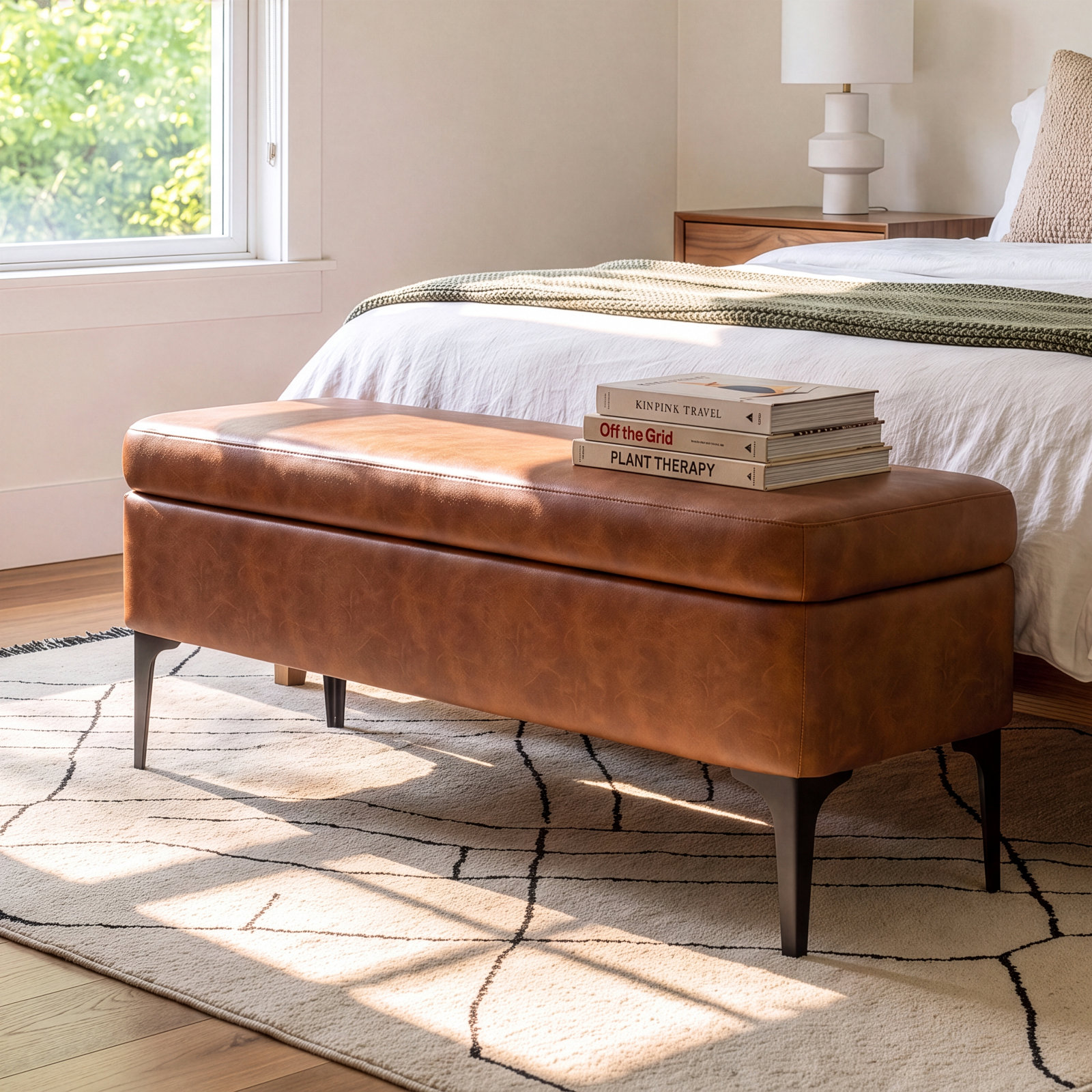 Ameelya 42" Velvet Bedroom Bench, Caramel Brown Faux Leather