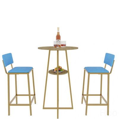 Bar Table And Dining Chairs Three Piece Set, Gold Frame, Sponge Made Seat Cushions And Backrests, Bar Table With Storage Function