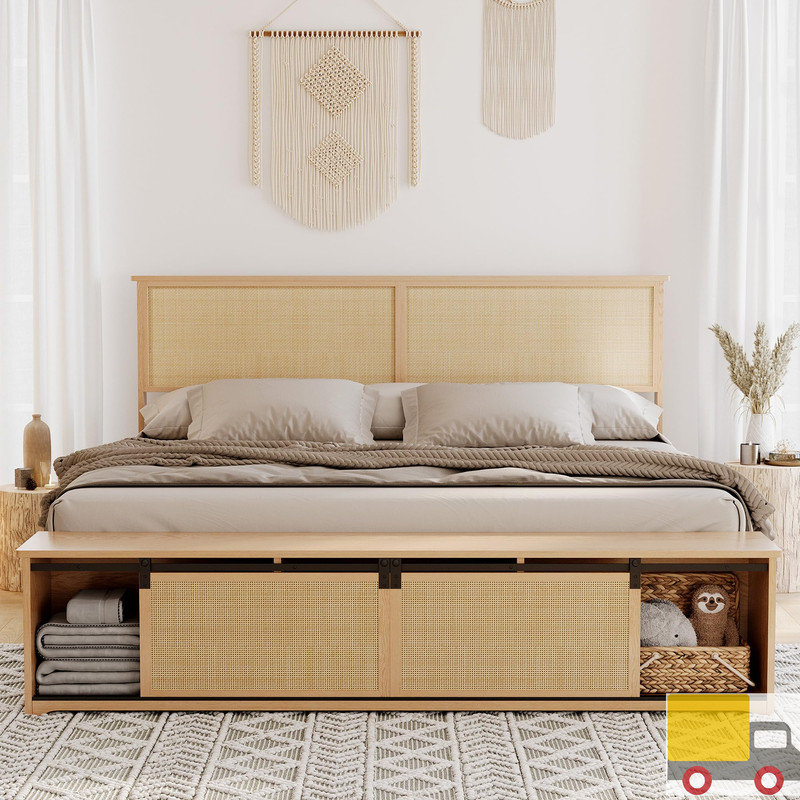 Très grand cadre de lit en rotin Boho avec tête de lit à DEL, armoire de rangement avec porte de grange coulissante, pieds et lattes en bois massif, aucun sommier tapissier requis, lit plateforme Farmhouse