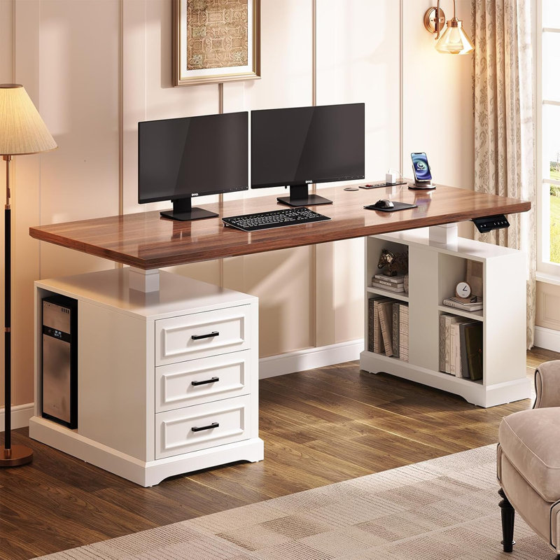 Bureau d'ordinateur à hauteur réglable 63 po avec 3 tiroirs Farmhouse, Blanc