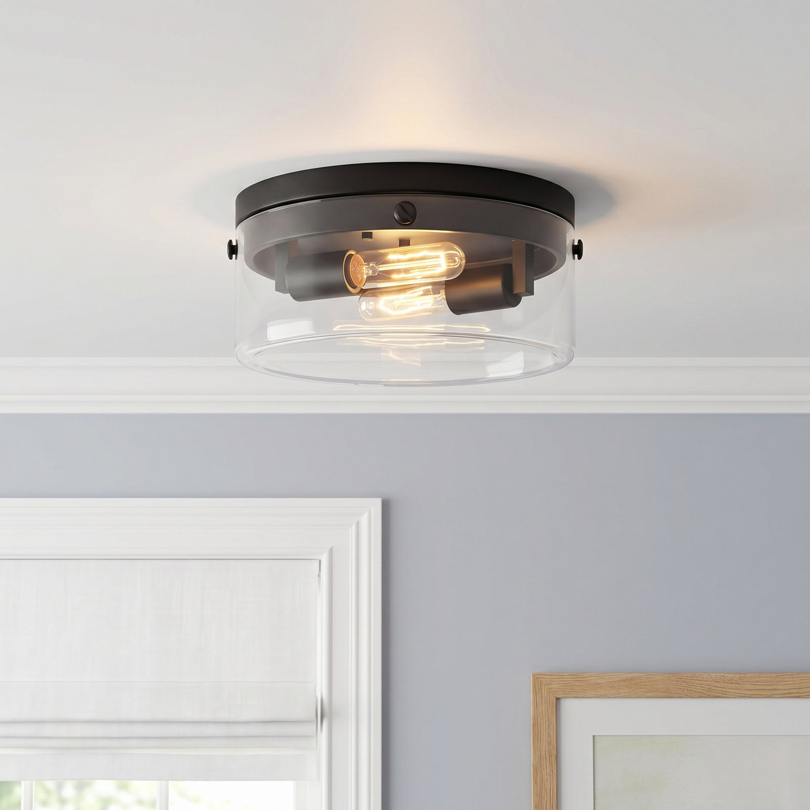2 Light Glass Flush Mount, 5.5" H x 11.38" W x 11.38" D