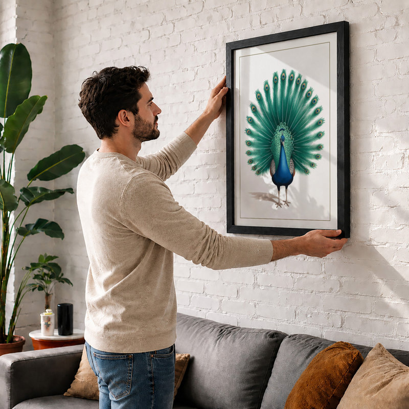 Peacock in Profile Botanical - Framed Print, A4 - 29.7 x 21.0 cm, Black