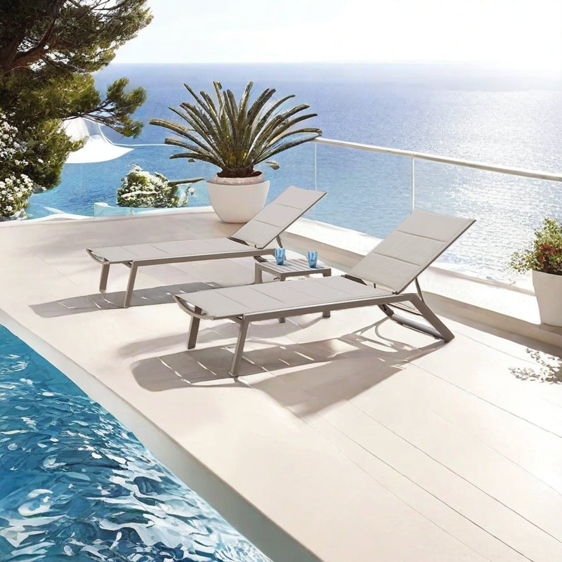 Folding Aluminum Beach Chair Outdoor Chaise Lounge Set with Table