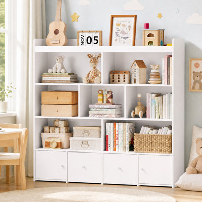 Kids Toy Storage Organizer Bookcase with 7 Cubes, 2 Sliding Drawers & 2 Magnetic Cabinet Doors, Playroom Toy Chest Storage Cabinet Children Bookshelf