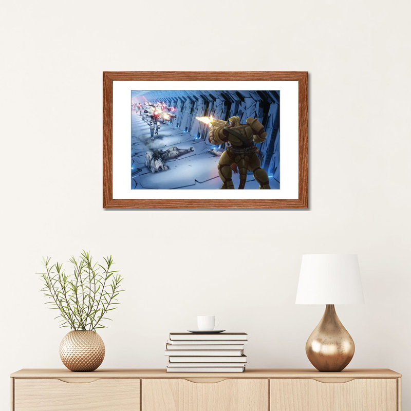 «Obozaya Gunning Down Robots», reproduction d'art mural, papier d'art encadré, H 16 po x l 24 po, Brun