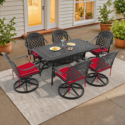 7-Piece Outdoor Cast Aluminum Patio Set – Swivel Dining Chairs with Cushions & Rectangle Table