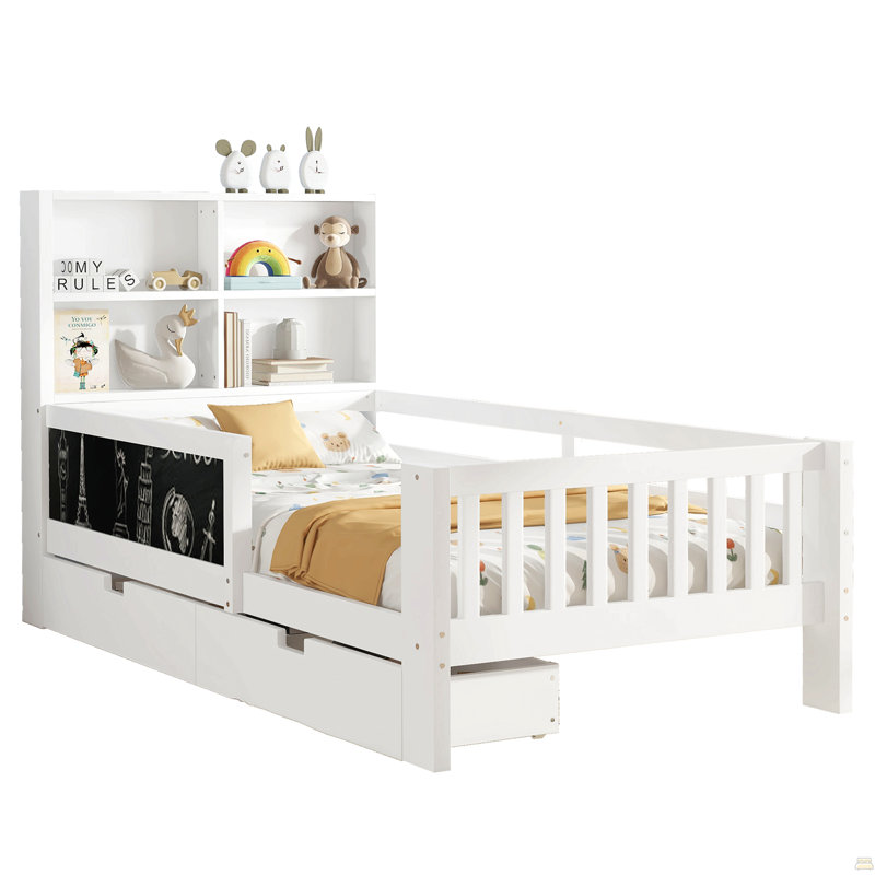 Lit plateforme simple avec tableau noir, lit plateforme en bois massif avec tiroirs de rangement et tablettes, Blanc