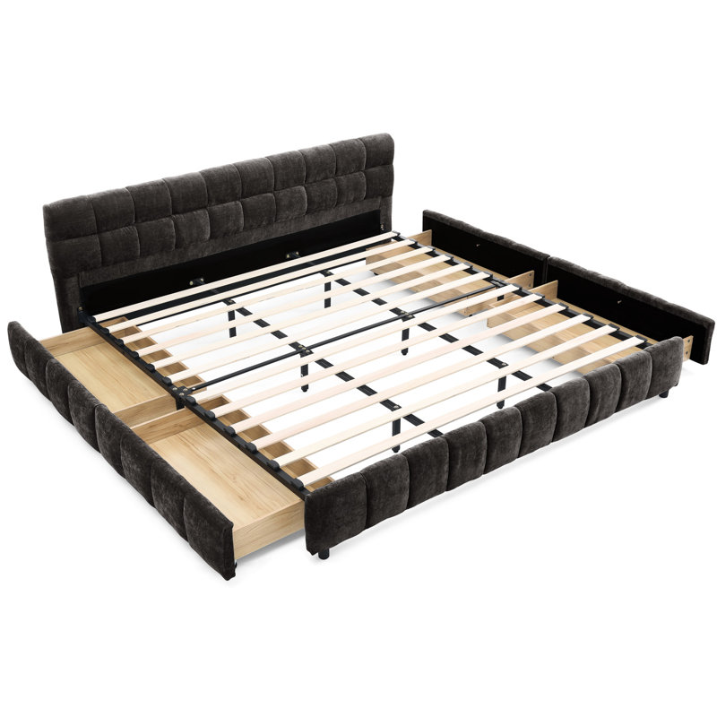 King Size Platform Bed With Chenille And Organized Storage Drawer - Dark Grey Upholstered Well-designed