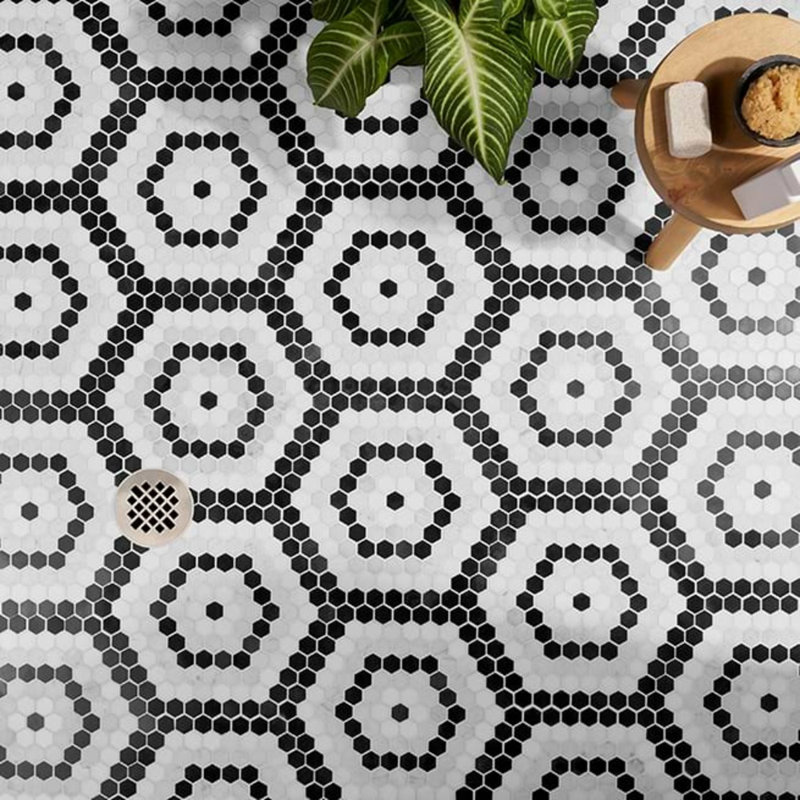 Juno Honeycomb 1" Hexagon Polished Marble Mosaic Tile, Black/White