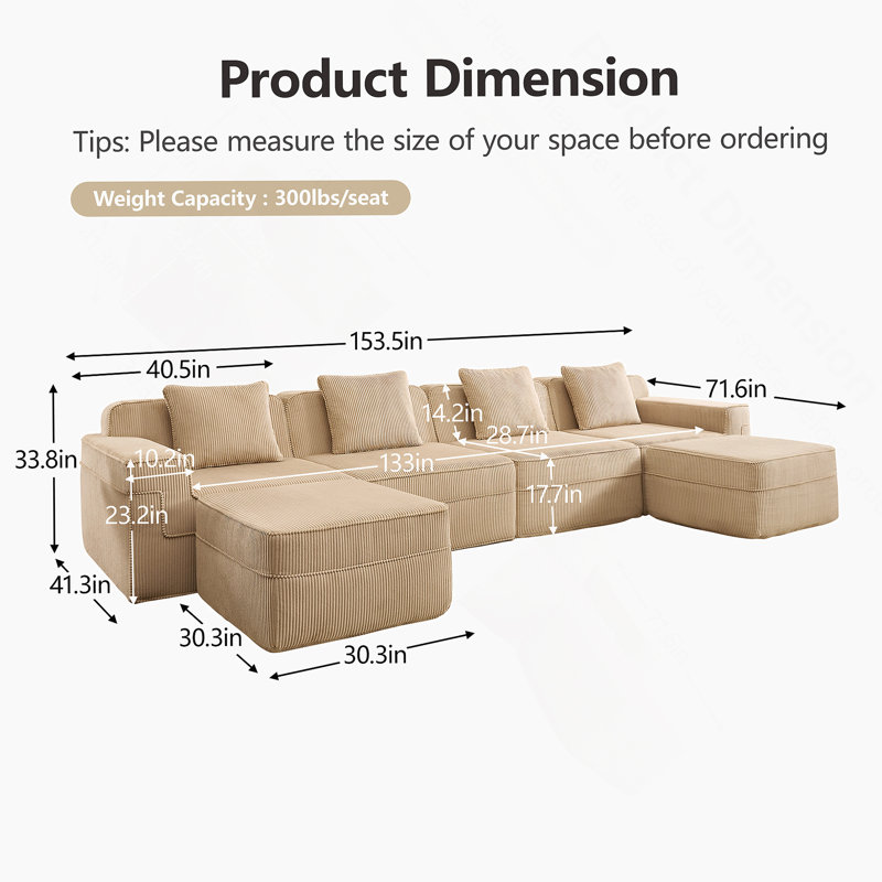 Modular 3 Seat U Shape Sectional Boneless Sofa With Deep Seat, Cloud-Like Comfort, Throw Pillows And 2 Movable Ottomans For Family Relaxation