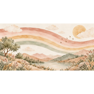 Wavy Rainbow Lake Wallpaper Mural, Peel and Stick Kids Room Wall Mural, Watercolor Boho Rainbow Nursery Wallpaper