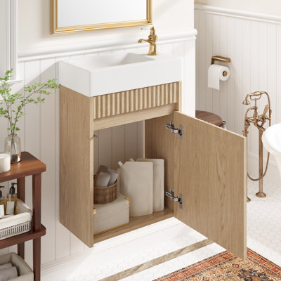 Meuble-lavabo flottant de 15,7 po avec lavabo SMC, armoire à pousser à ouverture frontale, charnières à fermeture en douceur, rangement mural réversible