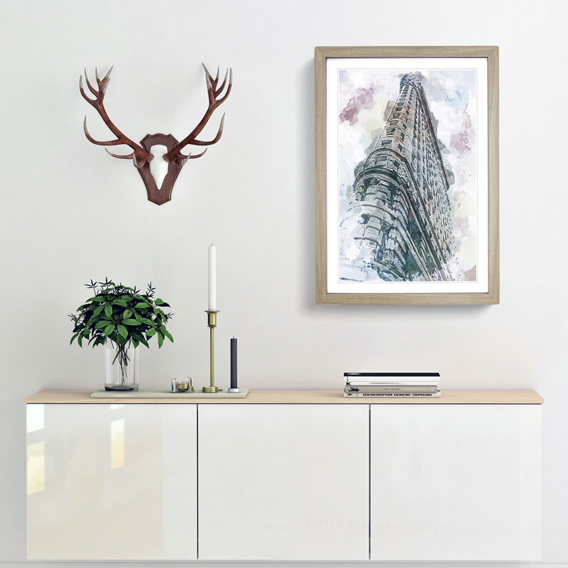 The Flatiron Building in New York in Abstract - Picture Frame Painting Print, 65cm H x 48cm W x 2cm D, Oak Framed