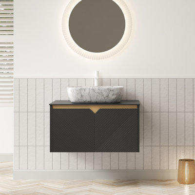 Meuble-lavabo de 30 po avec lavabo, structure flottante murale, vasque en céramique à motif marbré, comptoir en pierre frittée noire, armoire en contreplaqué avec système de fermeture en douceur et incrustation en métal sergé