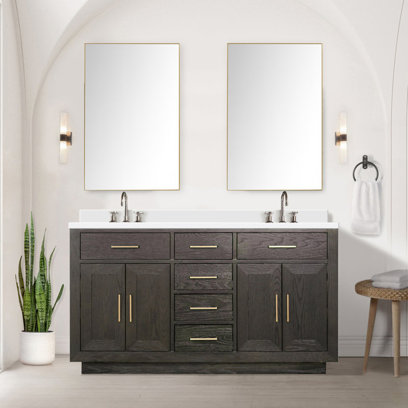 Meuble-lavabo double en chêne brun 60 po X P 22 po D, comptoir en quartz blanc, ensemble de robinet et Miroirs