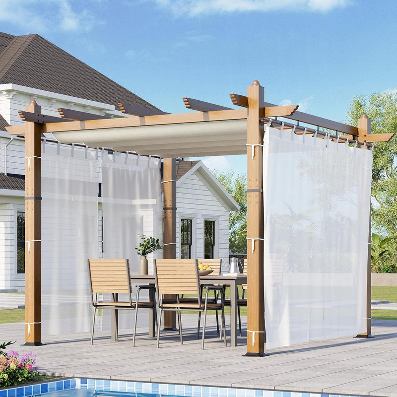 Pergola d'extérieur moderne en aluminium de 10 x 10 pi avec auvent rétractable, motif de faux grain de bois et panneaux latéraux en filet