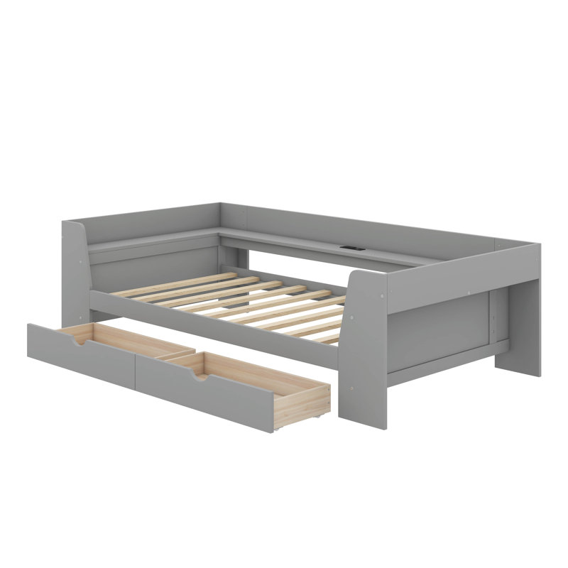Lit de jour simple avec tiroirs, tablettes et station de charge, Gris