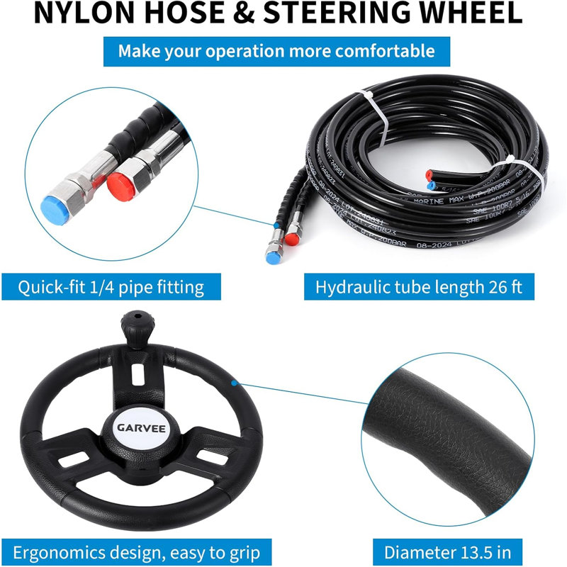 150HP Hydraulic Outboard Steering Kit, Marine System with 26FT Hoses & Aluminium Wheel
