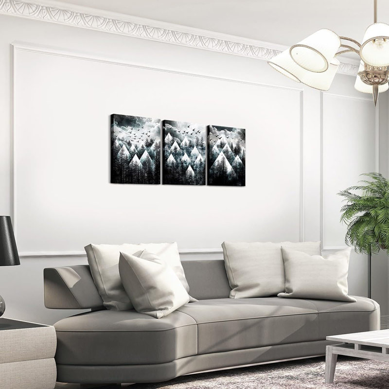 Abstract Tree Canvas Wall Art Set of 3,Misty Forest Woodland Pictures Wall Decor for Bedroom Living Room,Bird Tree Landscape Poster Prints Aesthetic Artwork for Walls