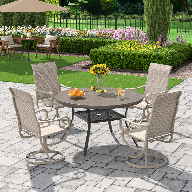 4-Person Outdoor Round Dining Set With Swivel Chairs, Gray Woodlike/Cream