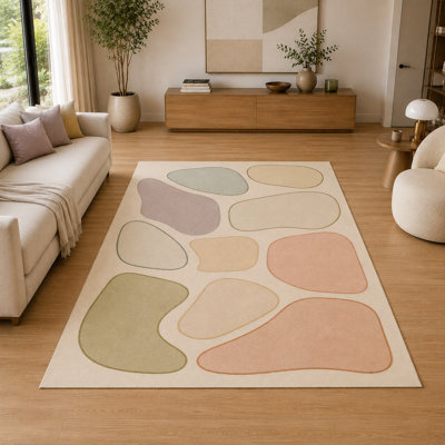 Tapis d'intérieur ultramince 152 x 213 cm (5' x 7') à motif de galets organiques, idéal pour le salon. Doux et à poils courts, il est doté d'un envers antidérapant en silicone et peut également servir de tapis décoratif pour la chambre, le bureau ou la salle familiale. Multicolore.