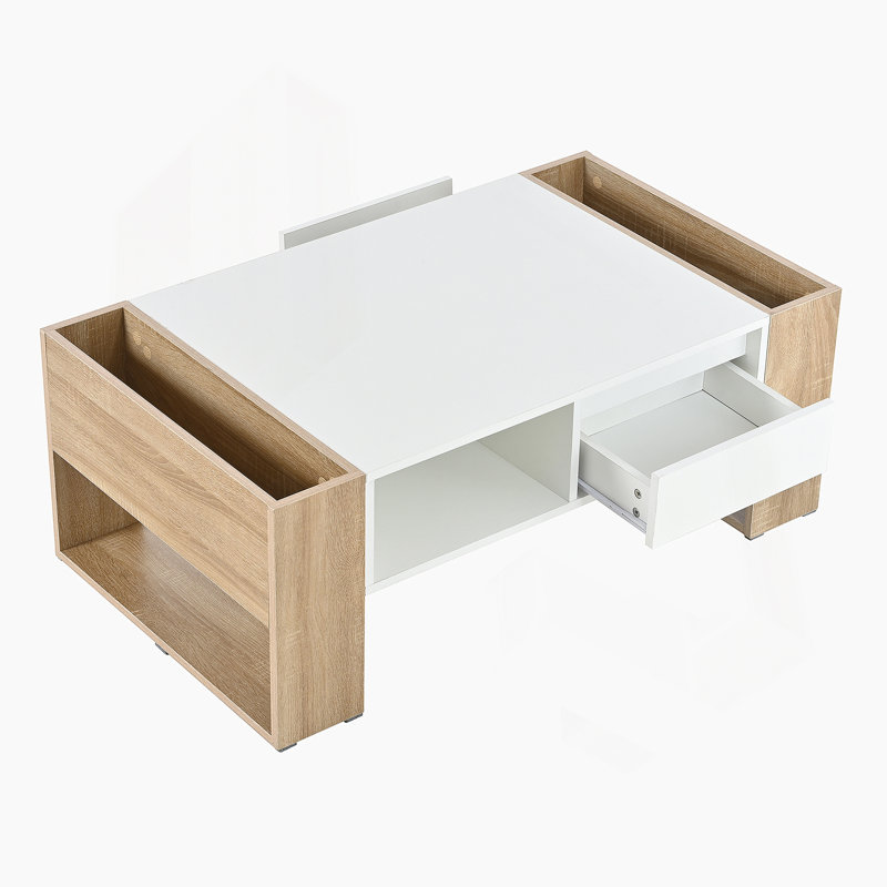 Table basse très brillante avec 2 tiroirs, table basse pratique à deux tons avec compartiments cachés