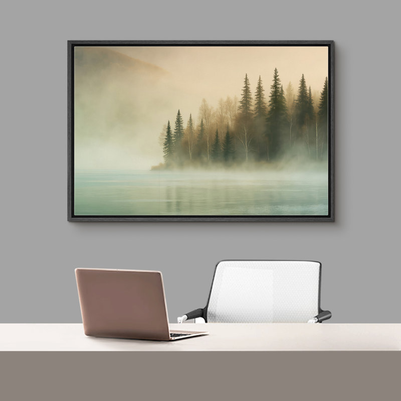 «Misty Forest Lake with Evergreen Trees and Soft Morning Light», reproduction d'art sur toile encadrée, Cadre flottant noir