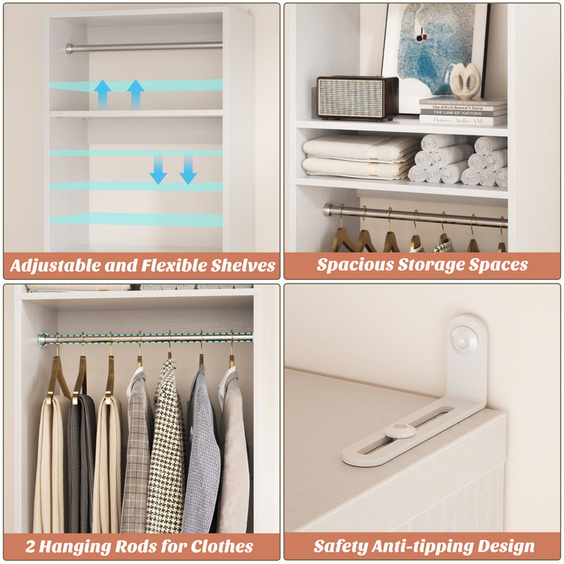 Wood Closet System with Hanging Rods, White