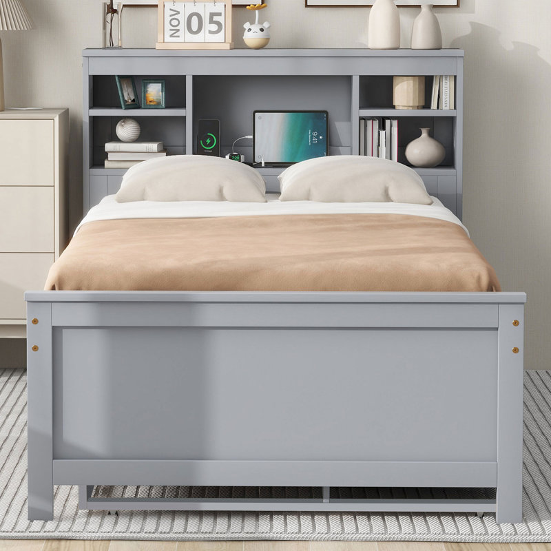 Lit plateforme simple gris avec rangement et 3 tiroirs et un lit gigogne pour les tiroirs pratiques, fabrication en bois massif