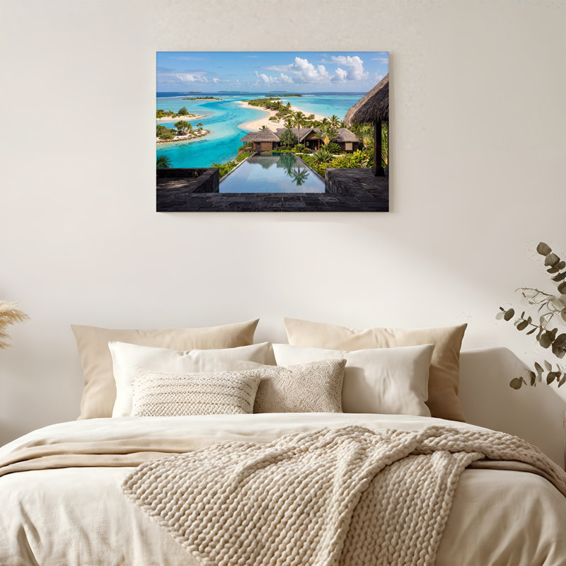 Toile tropicale avec piscine à débordement et lagon turquoise, 12"H x 18"W