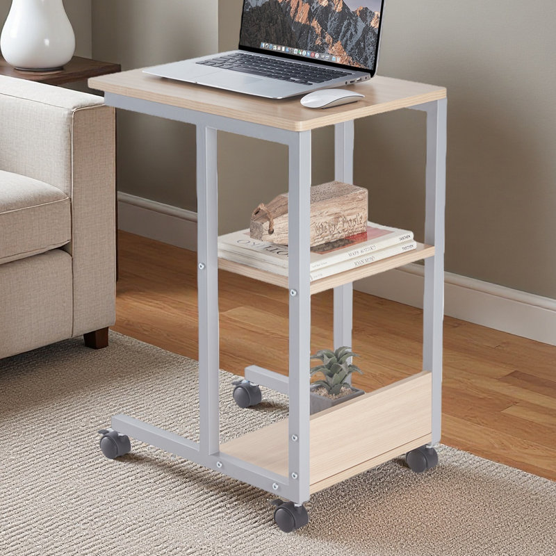 Table de bout en forme avec roues verrouillables, rangement à deux niveaux, table d'appoint roulante pour canapé ou chambre à coucher