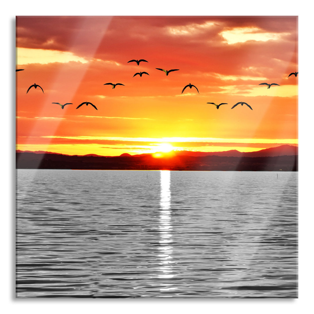 Glasbild Quadratisch  Wandbild Auf Echtglas  Ruhiger See Bei Sonnenuntergang  Aufhängung Und Abstandshalter LQ5146