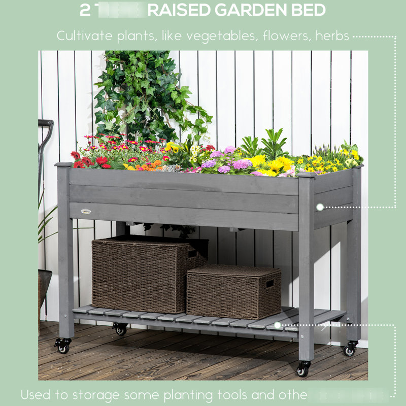 Boîte à fleurs de jardin 47 po x 22 po x 33 po gris foncé avec doublure de lit - roues verrouillables en bois surélevées, tablette de rangement et étagère de drainage