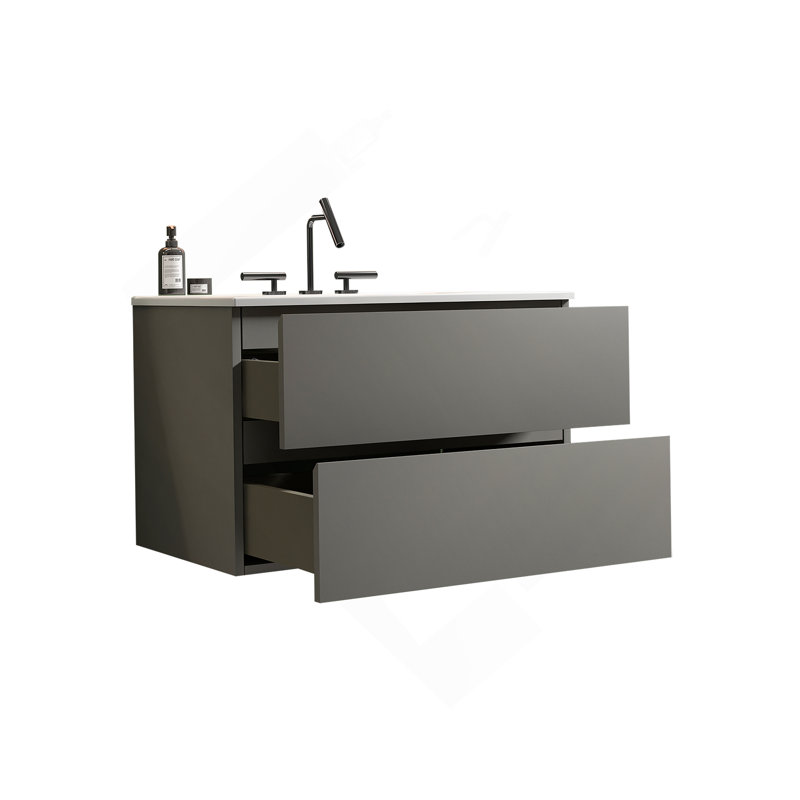 Meuble-lavabo mural de 30 po avec lavabo en céramique et trois trous de robinet, grand meuble-lavabo flottant avec rangement pour salle de bain moderne, pré-assemblé