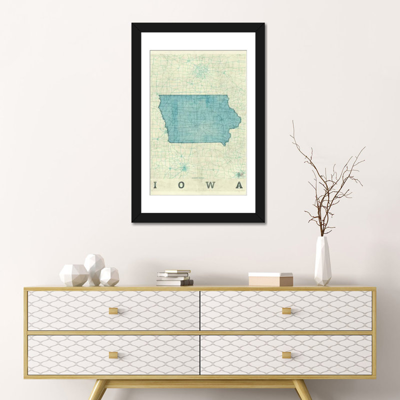 « iowa map », impression sur toile, H 24 po x l 16 po x P 1 po, Papier d'art encadré noir, Blanc