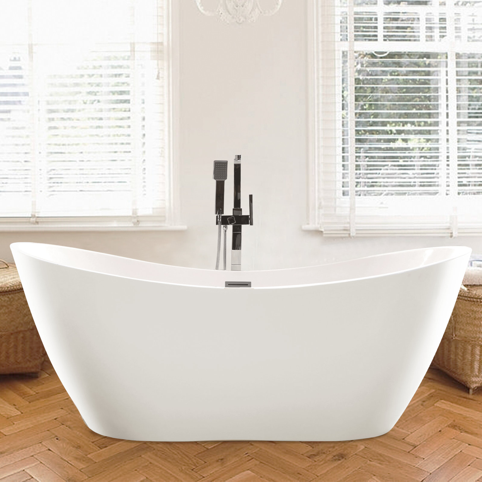Ophelia 71" Freestanding Soaking Acrylic Bathtub, White/Brushed Nickel