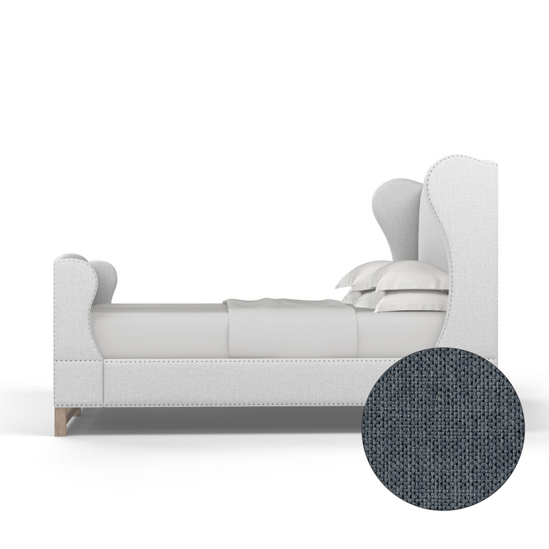 Herbert Upholstered Wingback Bed, Twin, Pebble Weave Linen Bluebell, Weathered