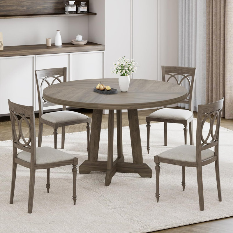 47" Round Dining Table for 4-6, Farmhouse Wooden Kitchen Table with Adjustable Legs, Gray