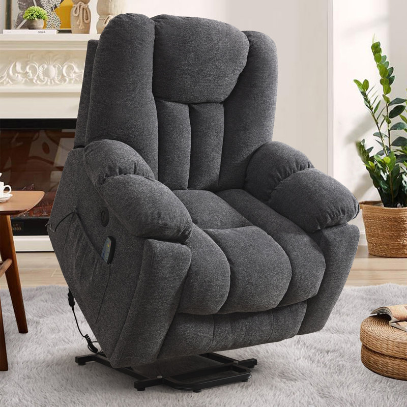 Microfiber/Microsuede and Wood Frame Power Lift Recliner with Heated Massage , C886 Dark Gray Linen Blend