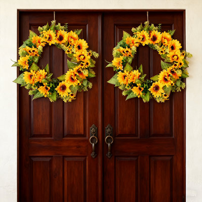 Couronne de tournesol de 17 pouces pour la porte d'entrée, couronne de fleurs artificielles faites à la main pour une décoration intérieure à l'année, maison de campagne, mur intérieur extérieur et mariage, 2 pièces