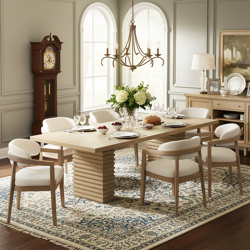 Prescott Mid-Century Modern 7-Piece Dining Set With 95-Inch Double Pedestal Table And Upholstered Dining Chairs, Light Ash
