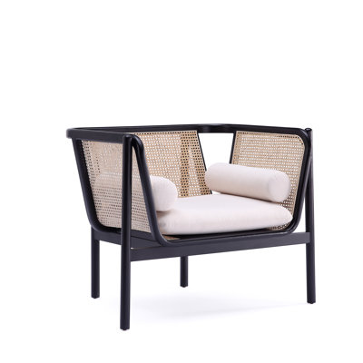 Versailles Industry Chic Upholstered Natural Cane Ash Wood Accent Armchair with Bolster Pillows in Cream