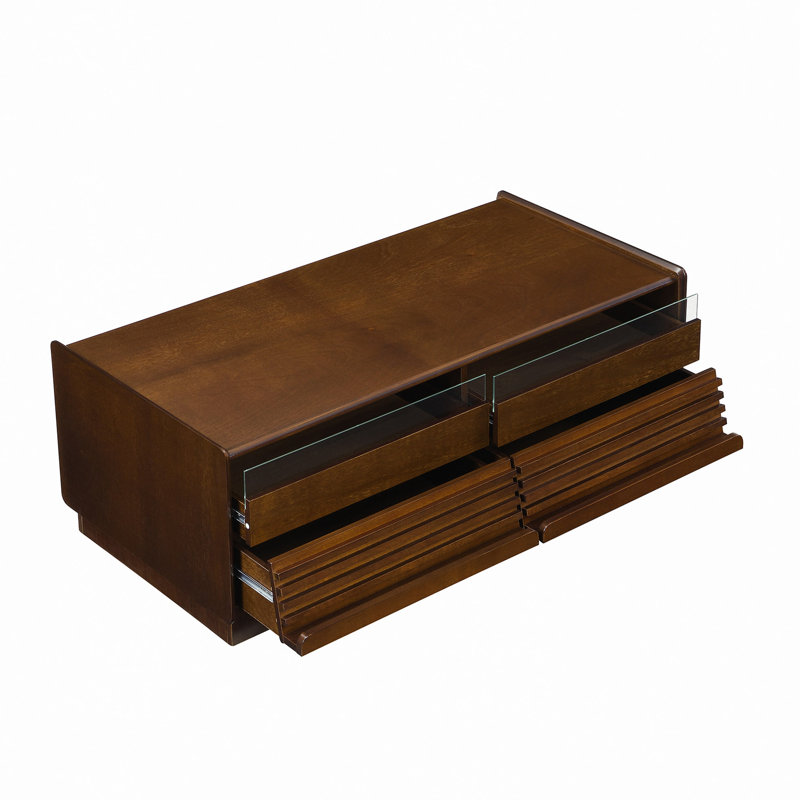 Rectangle Coffee Table With 4 Drawers And 2 Display Shelves, 47.2" Wood Coffee Table With Fluted Style, Tempered Glass For Living Room