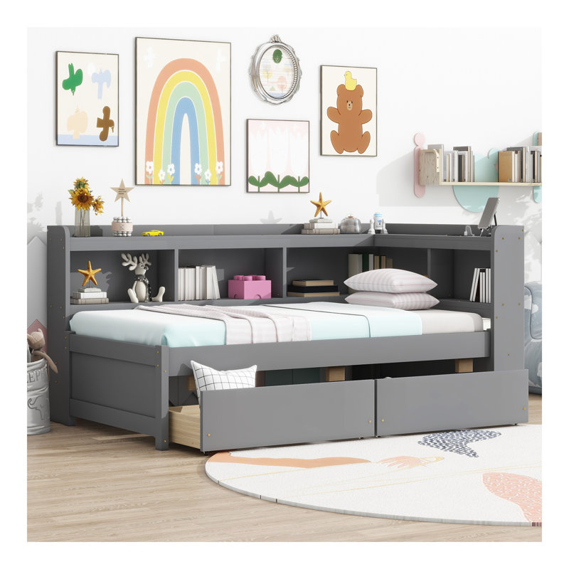 Lit simple en forme de L avec bibliothèques avec prises de courant, ports de chargement USB, deux tiroirs, gris
