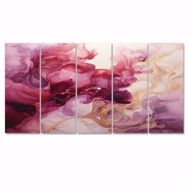 Blush in Motion Fluent Magenta Clouds - Encre liquide, art mural abstrait 5 pièces, 32" H x 80" W