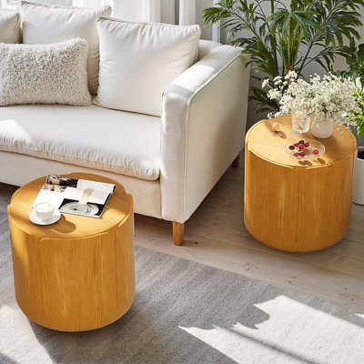 Ensemble de tables d'appoint rondes pour l'intérieur et l'extérieur, ensemble de tabourets de jardin modernes en grain de bois, robuste en oxyde de magnésium imperméable, table sans assemblage pour patio, jardin, cour arrière, salon (ensemble de 2)
