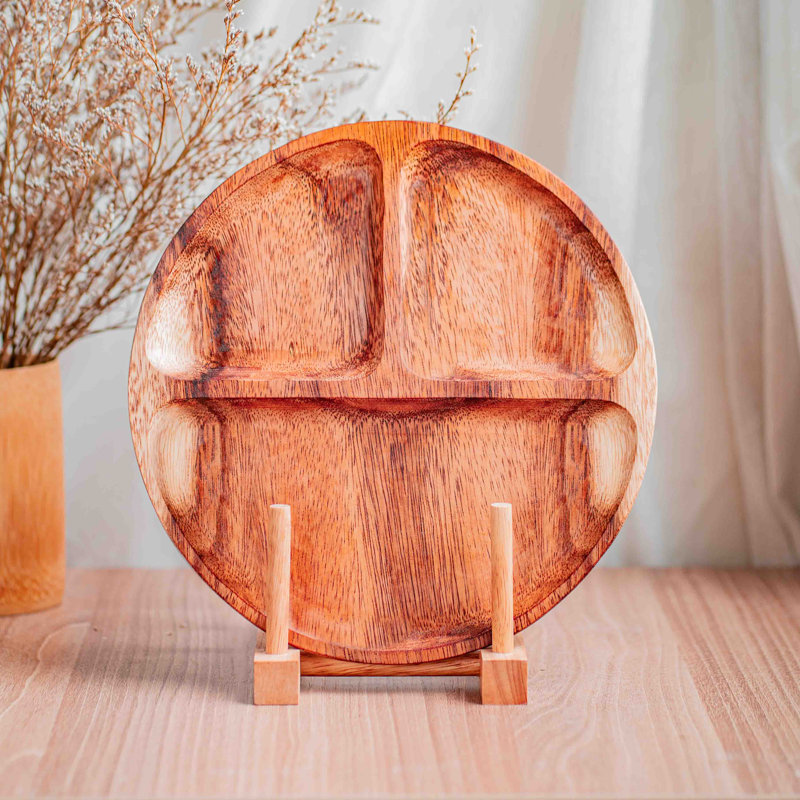 Assiette ronde en bois d'acacia à 3 compartiments