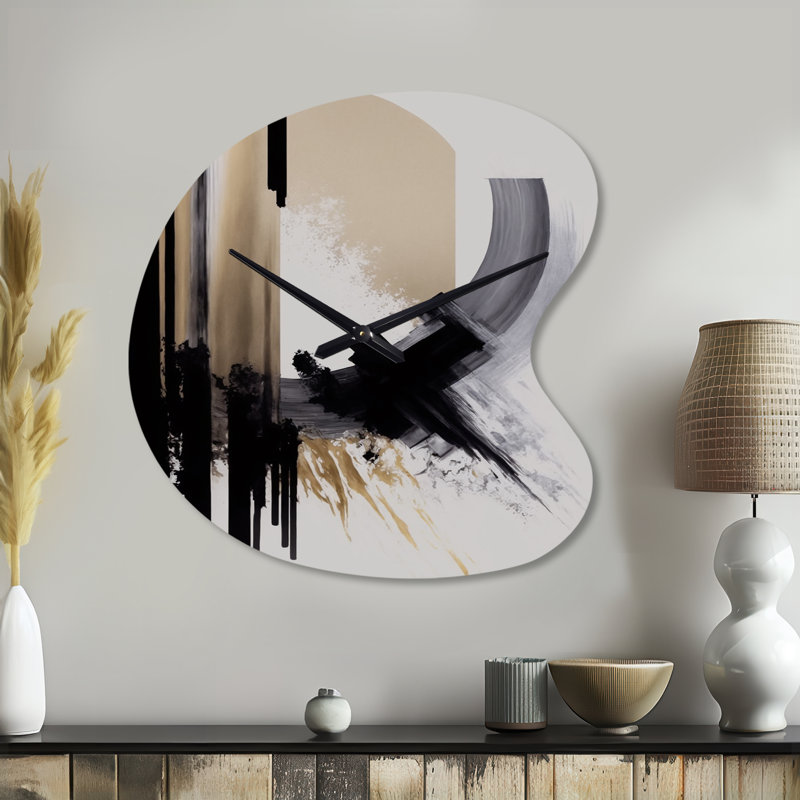 Noir, blanc et doré Expression IV - Horloge abstraite en métal de forme unique, horloge murale asymétrique moderne, Petit