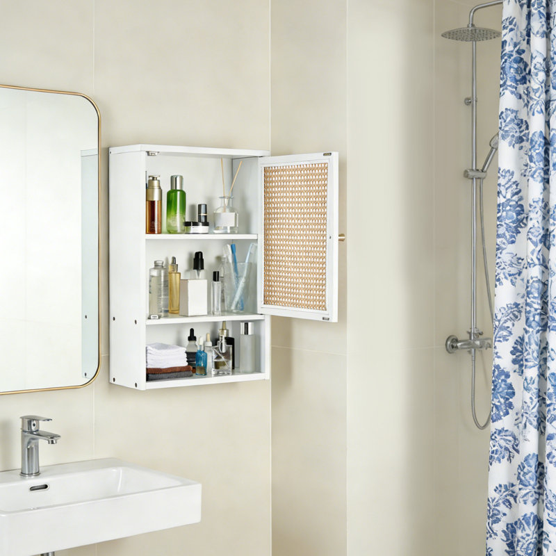 Armoire murale de salle de bain en bambou peu encombrante avec portes en rotin - Tablette réglable - Rangement au-dessus de la toilette - Fixation murale - Blanc